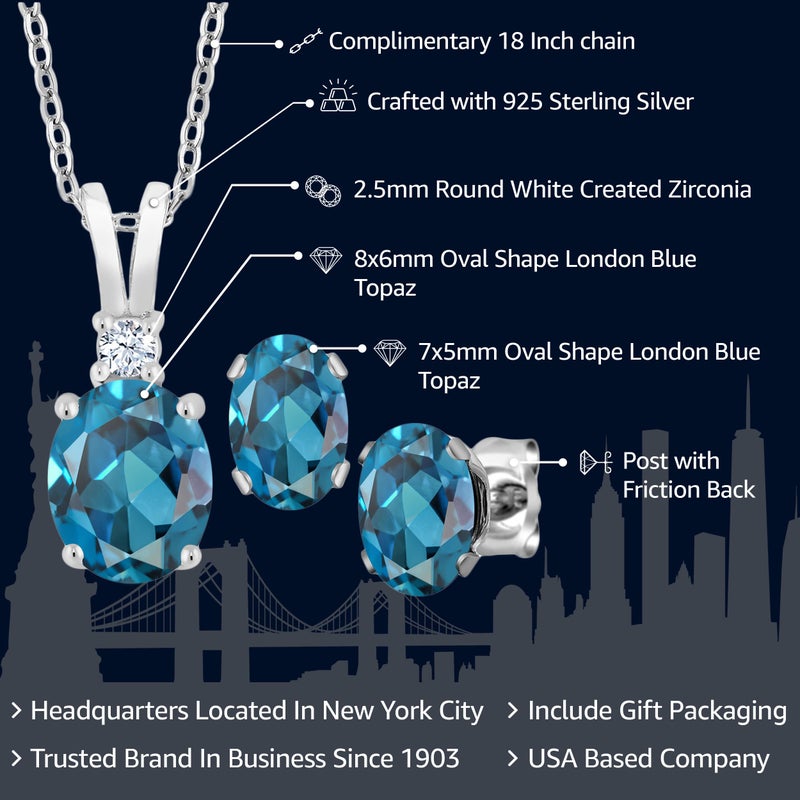Gem Stone King 3.15 Cttw London Blue Topaz Pendant and Earrings Jewelry Set For Women | 925 Sterling Silver | Gemstone Birthstone | With 18 Inch Silver Chain - Image 2